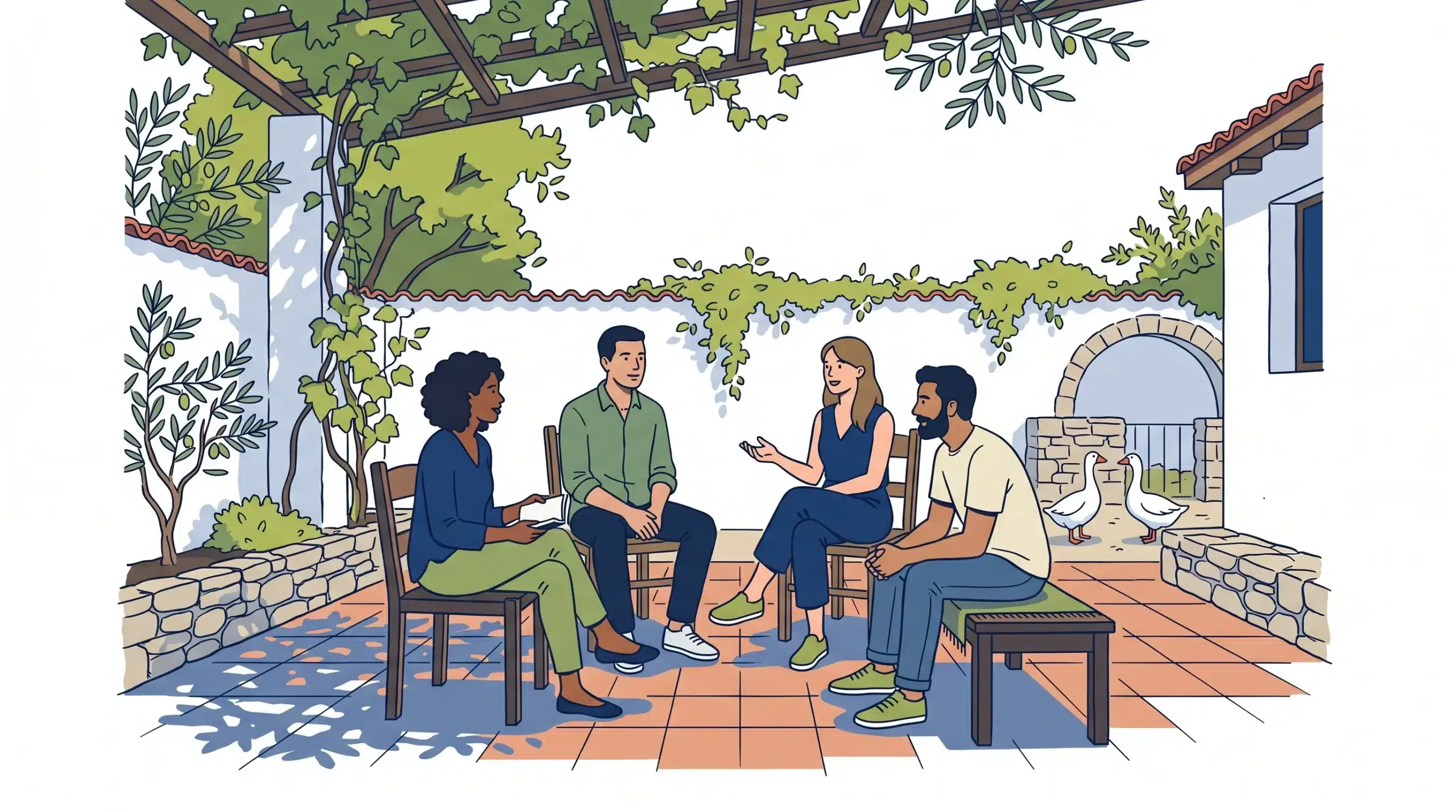 Residents in a therapeutic community group session at Holina Village Cyprus, engaged in shared work and conversation as part of daily recovery life