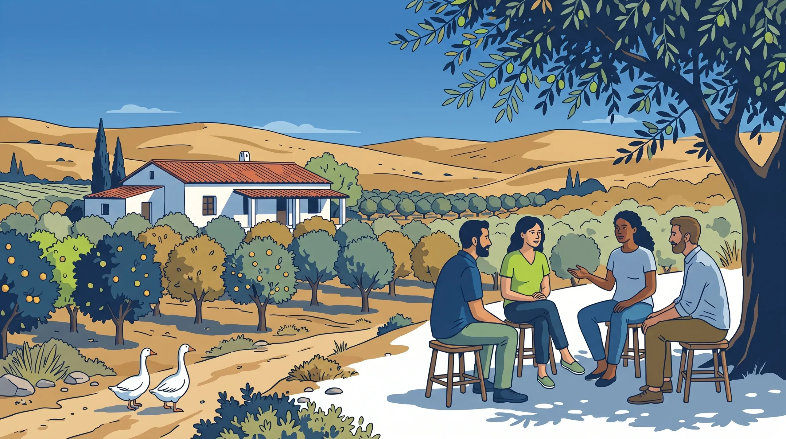 The Holina Village residential therapeutic community setting in Cyprus, surrounded by orchards and open landscape