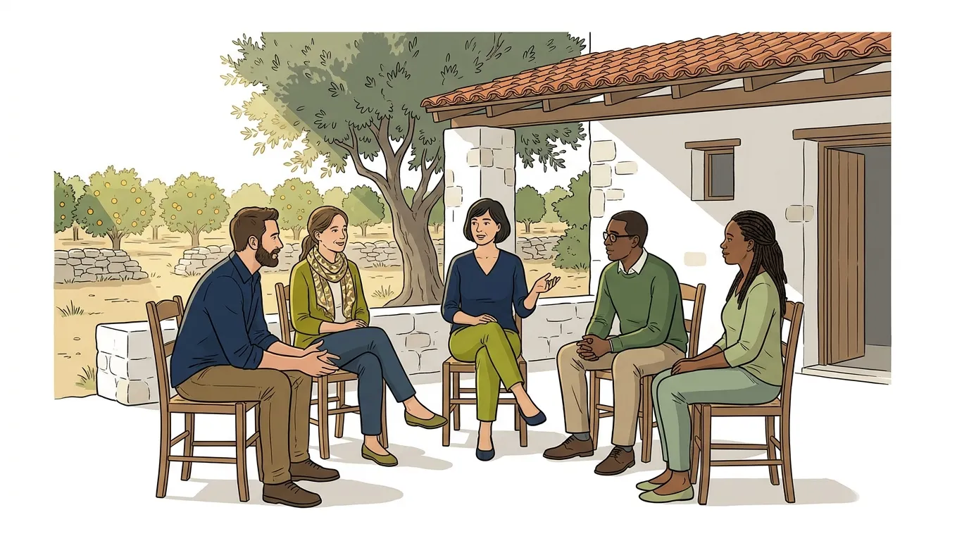 Group therapy session at Holina Village Cyprus, where peer connection reduces shame and supports recovery from behavioural addiction