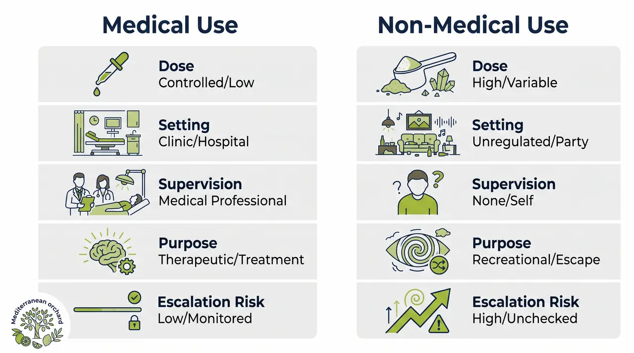 Comparison chart of supervised medical ketamine use versus non-medical use