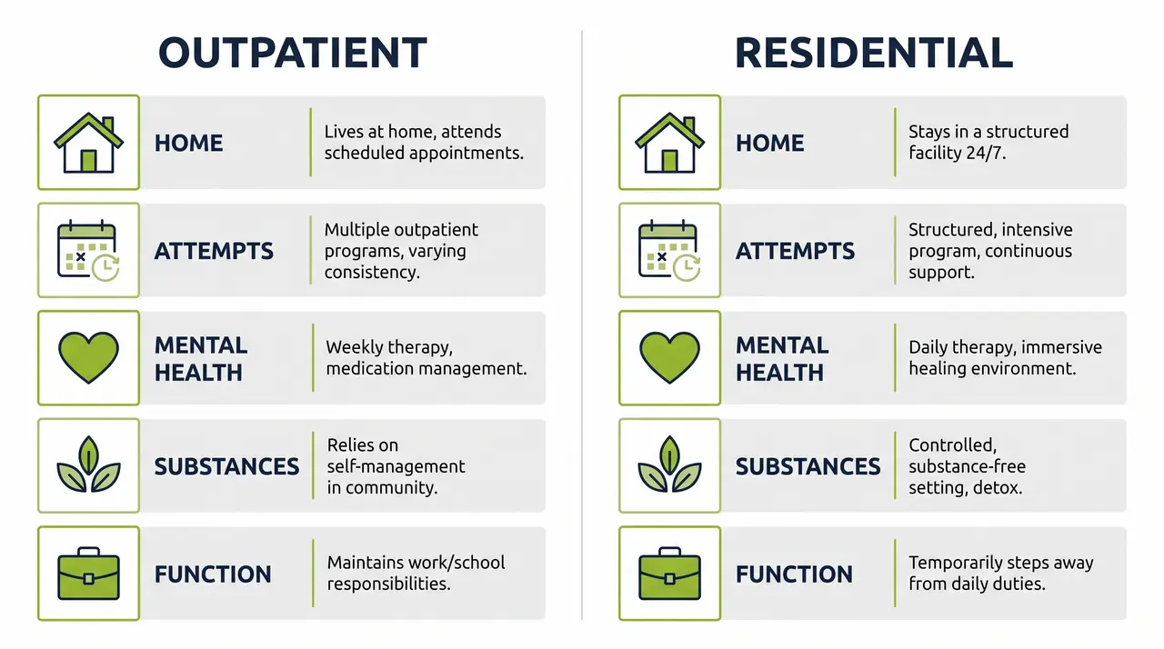 Comparison of when outpatient therapy is reasonable versus when residential treatment is indicated