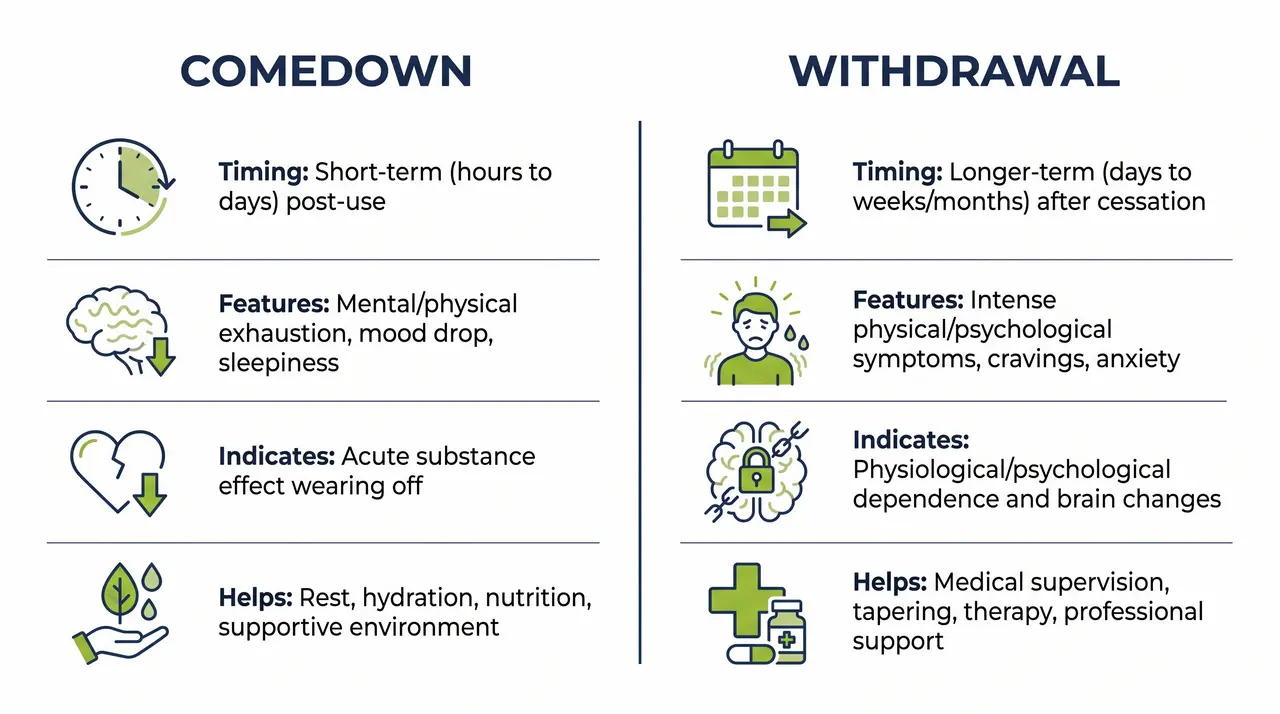 Comparison chart of comedown symptoms versus withdrawal symptoms